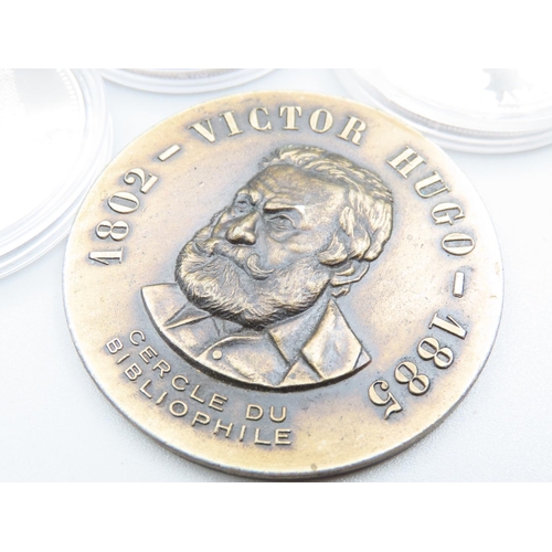 158 - Three Silver Coins French and One Bronze Commemorative Medal Victor Hugo 1802-1885