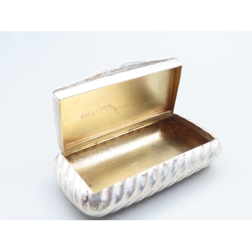 159 - Silver Snuffbox Ribbed Decoration Gilded Interior Hinged Cover 7cm Wide x 4cm Deep