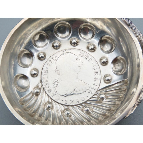 166 - Silver Tasting Cup with Serpent Motif Handle Inset Silver Coin Dated 1780 8cm Diameter