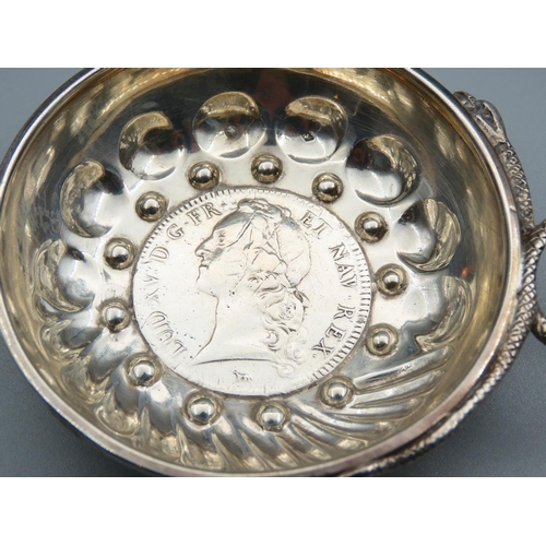 167 - Antique Silver Tasting Cup Serpent Motif Decoration Inset with Antique Silver Coin 8cm Diameter