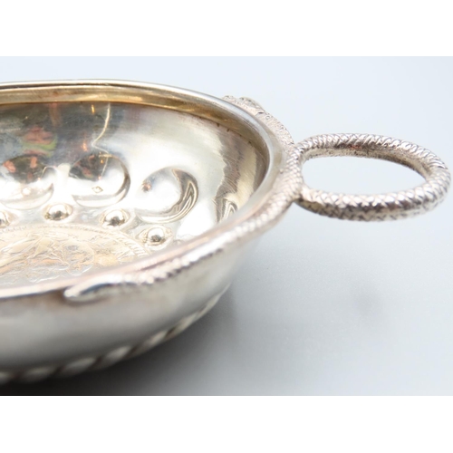 167 - Antique Silver Tasting Cup Serpent Motif Decoration Inset with Antique Silver Coin 8cm Diameter