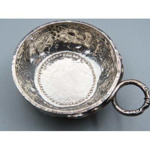 168 - Antique French Silver Wine Tasting Cup with Vineleaf Motif Decoration Finger Ring Handle 5cm Diamete... 