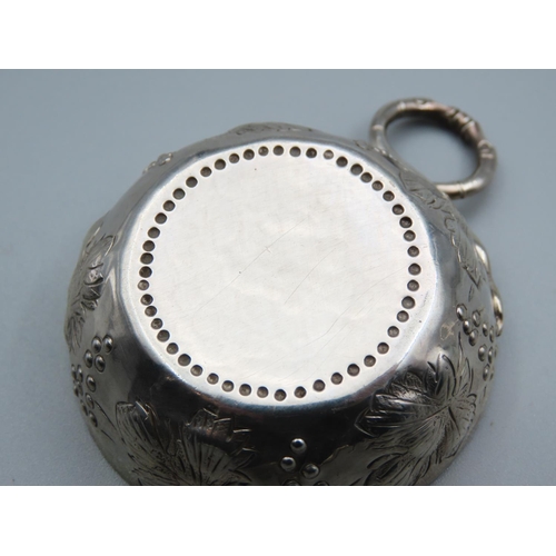 168 - Antique French Silver Wine Tasting Cup with Vineleaf Motif Decoration Finger Ring Handle 5cm Diamete... 