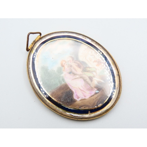 169 - Portrait Miniature Young Couple Landscape Beyond Attractively Detailed Set within Ormolu Frame 6cm H... 