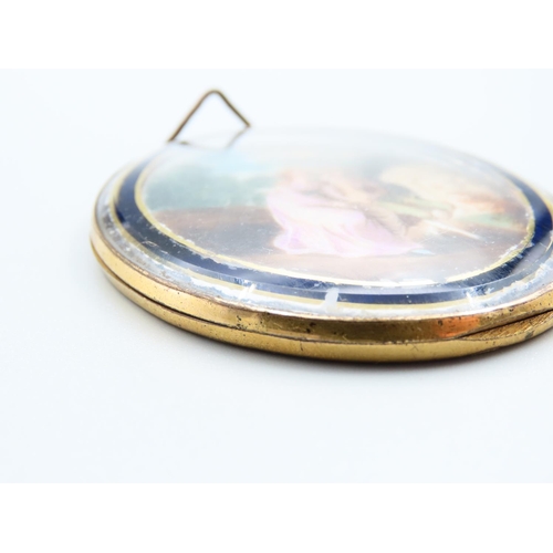 169 - Portrait Miniature Young Couple Landscape Beyond Attractively Detailed Set within Ormolu Frame 6cm H... 