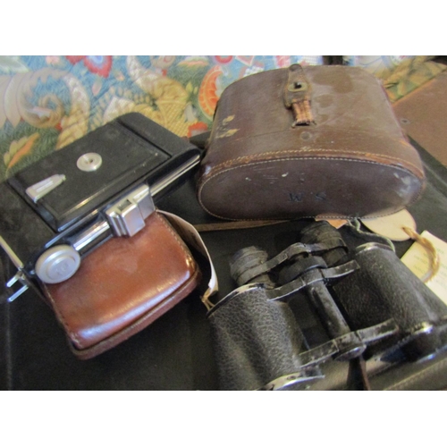 1721 - Vintage Pair of Binoculars Leather Brief Case Vintage Camera with Leather Carry Case and Leather Sui... 