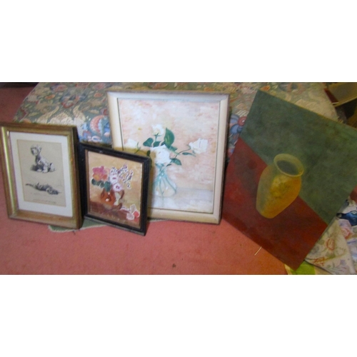 1724 - Two Framed Still Life Paintings One Unframed Still Life Painting and Framed Print of Dogs Four Piece... 