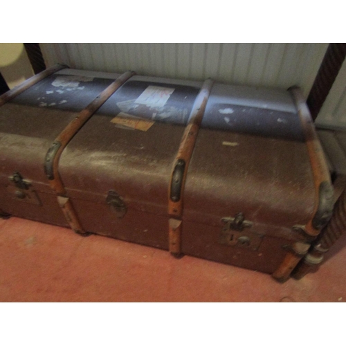 1727 - Antique Travelling Trunk Hinged Top Lined Interior Approximately 14 Inches Wide