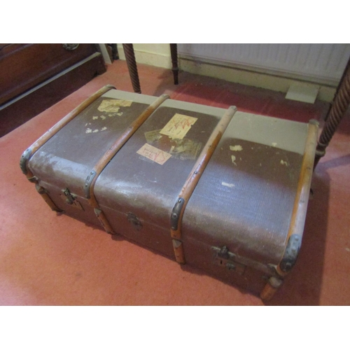 1727 - Antique Travelling Trunk Hinged Top Lined Interior Approximately 14 Inches Wide