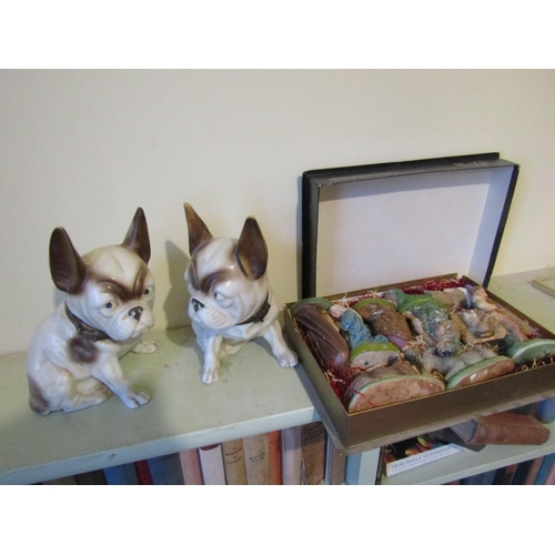 1735 - Nativity Set In Box with Two Novelty Porcelain Figures of Pug Dogs