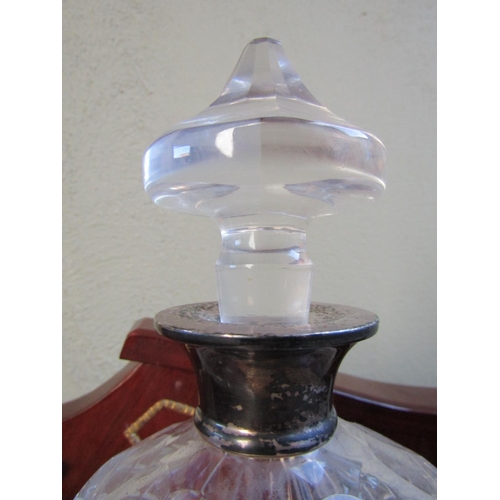 1743 - Antique Silver Collar Decorated Cut Crystal Decanter with Stopper Approximately 10 Inches High