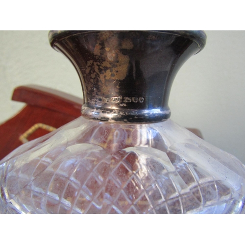 1743 - Antique Silver Collar Decorated Cut Crystal Decanter with Stopper Approximately 10 Inches High