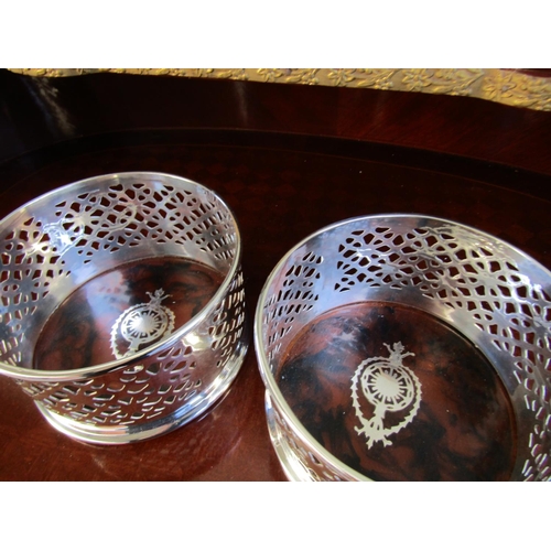 1744 - Pair of Silver Plated Wine Bottle Table Coasters Silver Inlaid Tortoiseshell Bases Each Approximatel... 