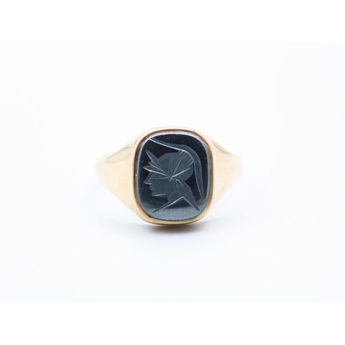 175 - Hematite Intaglio Centurion Cut 9 Carat Panel Set Signet Ring Size S