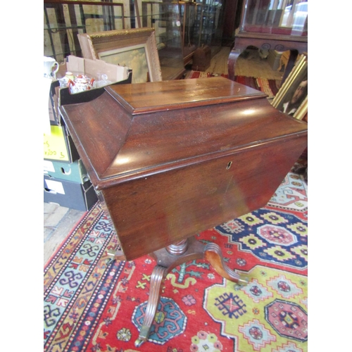 1759 - Regency Mahogany Sewing Box on Nelson Column Central Support Quatrefoil Base Approximately 18 Inches... 