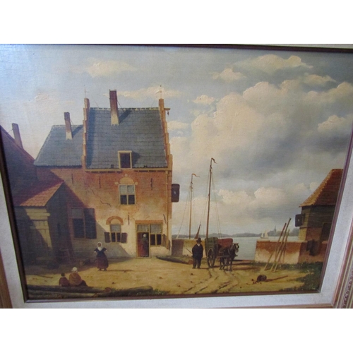 1762 - Large Dutch Oil Painting Town Scene with Figures Oil on Panel