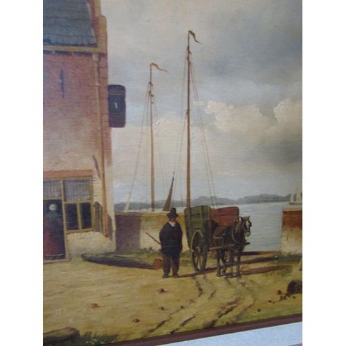 1762 - Large Dutch Oil Painting Town Scene with Figures Oil on Panel