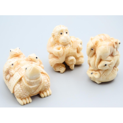 1778 - Three Carved Netsuke Figures Amusing Animals Japanese