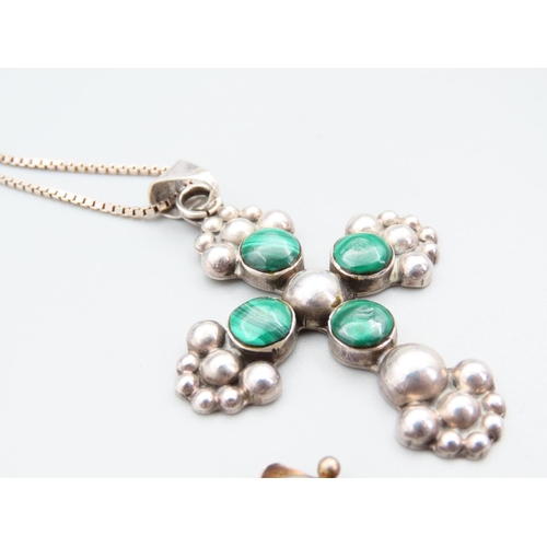 1783 - Polished Cabochon Cut Moonstone Silver Mounted Ladies Pearl Pendant Necklace and Malachite Silver Cr... 