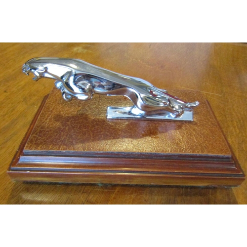 1787 - Jaguar MKII Bonnet Mascot of Leaping Jaguar Chrome Plated Mounted opn Rectangular Oak Stand