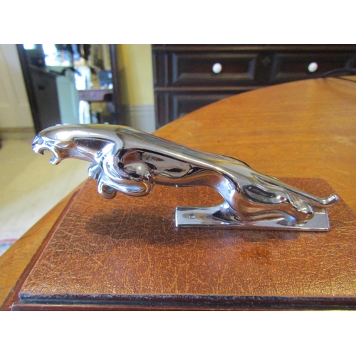 1787 - Jaguar MKII Bonnet Mascot of Leaping Jaguar Chrome Plated Mounted opn Rectangular Oak Stand