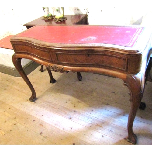 1796 - Antique Walnut Serpentine Front Console Table with Inset Burgundy Leather Top Above Shaped Supports ... 