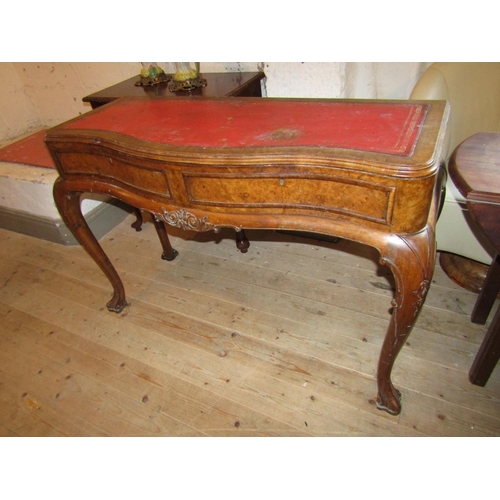 1796 - Antique Walnut Serpentine Front Console Table with Inset Burgundy Leather Top Above Shaped Supports ... 