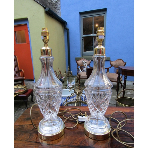 1801 - Pair of Cut Crystal Table Lamps Pedestal Form Each Electrified Working Order Each Approximately 15 I... 