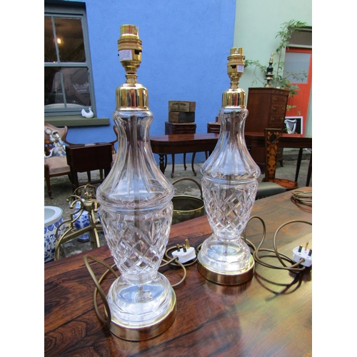 1801 - Pair of Cut Crystal Table Lamps Pedestal Form Each Electrified Working Order Each Approximately 15 I... 