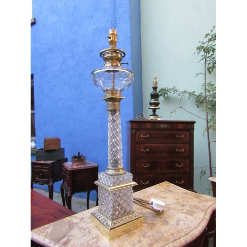 1802 - Cut Crystal Corinthian Column Table Lamp Electrified Working Order with Ormolu Stepped Square Base A... 