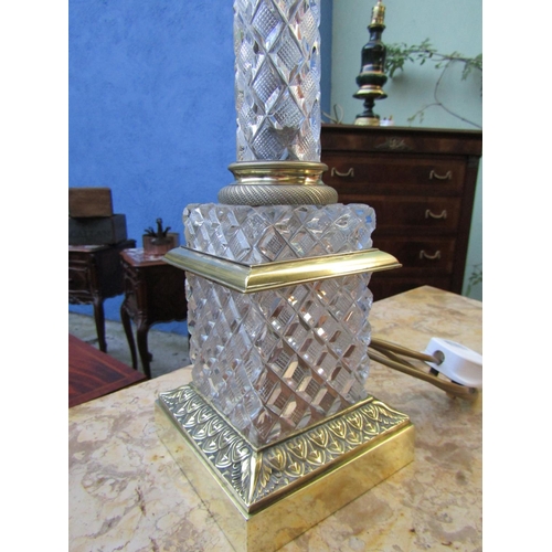 1802 - Cut Crystal Corinthian Column Table Lamp Electrified Working Order with Ormolu Stepped Square Base A... 