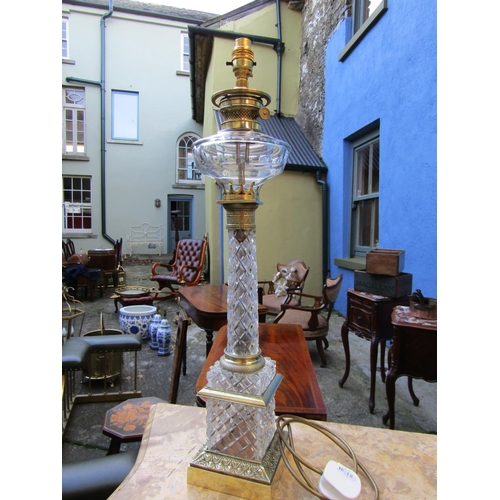 1802 - Cut Crystal Corinthian Column Table Lamp Electrified Working Order with Ormolu Stepped Square Base A... 