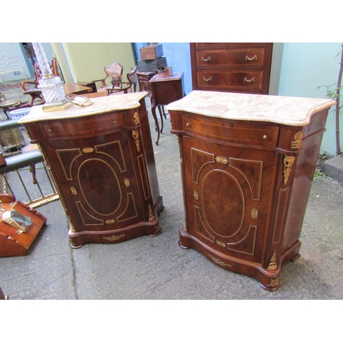 1815 - Pair of Walnut Marble Top Single Door Pier Cabinets Serpentine Front Each Approximately 24 inches Wi... 