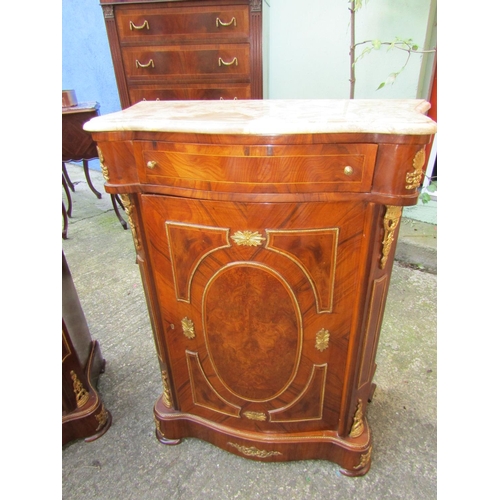 1815 - Pair of Walnut Marble Top Single Door Pier Cabinets Serpentine Front Each Approximately 24 inches Wi... 