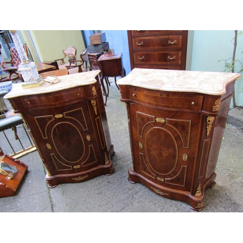 1815 - Pair of Walnut Marble Top Single Door Pier Cabinets Serpentine Front Each Approximately 24 inches Wi... 