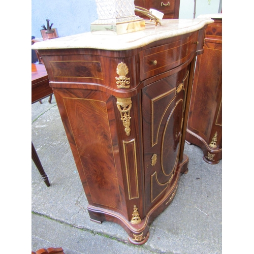 1815 - Pair of Walnut Marble Top Single Door Pier Cabinets Serpentine Front Each Approximately 24 inches Wi... 