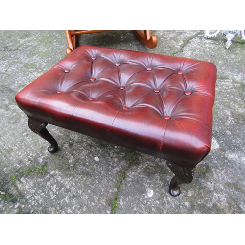 1817 - Burgundy Leather Deep Button Upholstered Mahogany Framed Foot Stool Queen Ann Supports