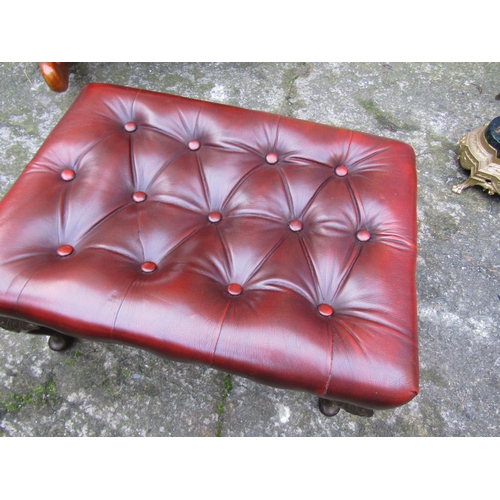 1817 - Burgundy Leather Deep Button Upholstered Mahogany Framed Foot Stool Queen Ann Supports