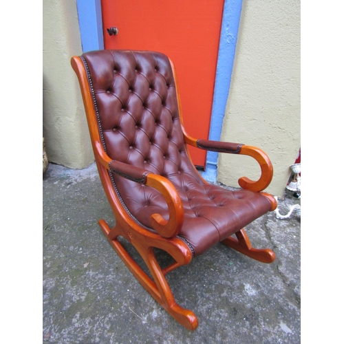 1818 - Burgundy Leather Deep Button Upholstered Mahogany Framed Rocking Chair Generous Form