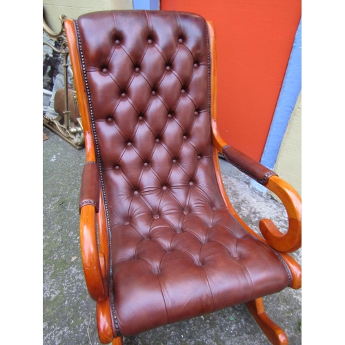 1818 - Burgundy Leather Deep Button Upholstered Mahogany Framed Rocking Chair Generous Form