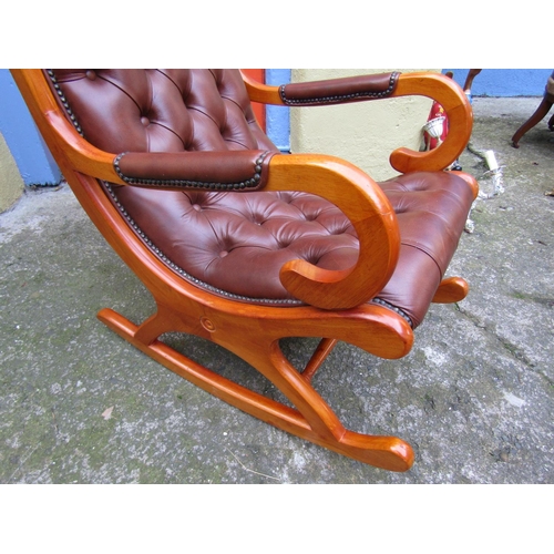 1818 - Burgundy Leather Deep Button Upholstered Mahogany Framed Rocking Chair Generous Form