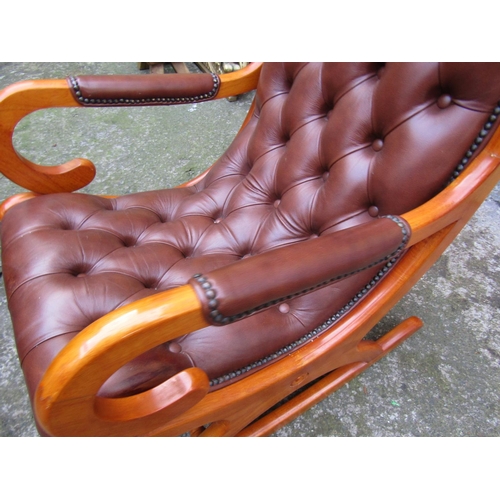 1818 - Burgundy Leather Deep Button Upholstered Mahogany Framed Rocking Chair Generous Form