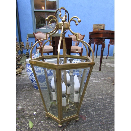 Large Cast Brass Six Side Glass Panel Inset Ceiling Lantern Electrified Working Order with Fittings Approximately 18 Inches High