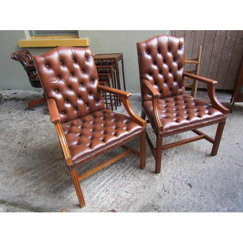 1824 - Pair of Tan Leather Deep Button Upholstered Gainsborough Armchairs of Good Construction