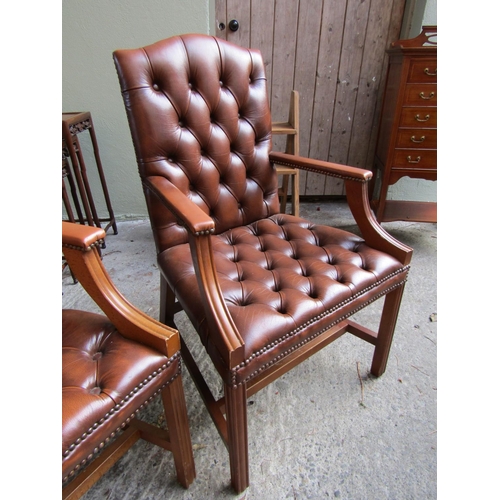 1824 - Pair of Tan Leather Deep Button Upholstered Gainsborough Armchairs of Good Construction