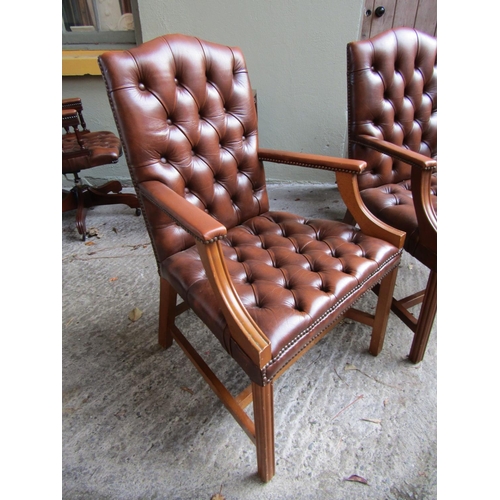 1824 - Pair of Tan Leather Deep Button Upholstered Gainsborough Armchairs of Good Construction