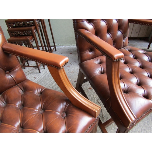 1824 - Pair of Tan Leather Deep Button Upholstered Gainsborough Armchairs of Good Construction