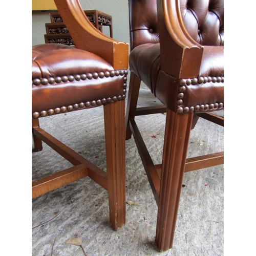 1824 - Pair of Tan Leather Deep Button Upholstered Gainsborough Armchairs of Good Construction