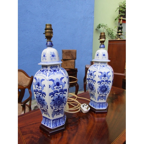 1825 - Pair of Blue and White Table Lamps Shaped Form Electrified Working Order Each Approximately 15 Inche... 