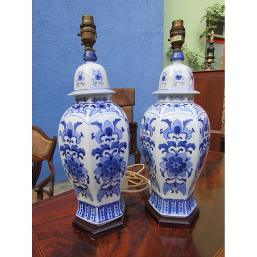 1825 - Pair of Blue and White Table Lamps Shaped Form Electrified Working Order Each Approximately 15 Inche... 